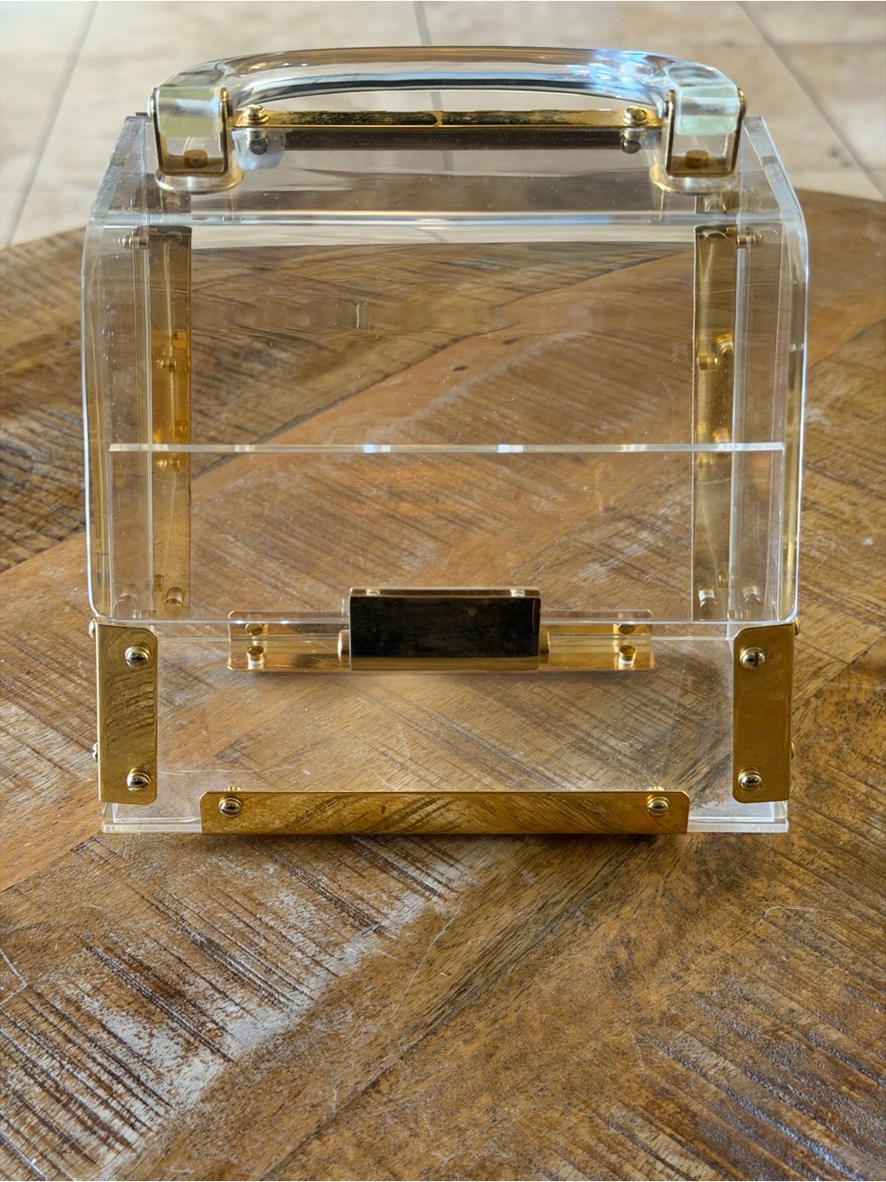 Vintage 1960s Clear Lucite Box Purse Gold Tone Hardware MCM Handbag 6.5”